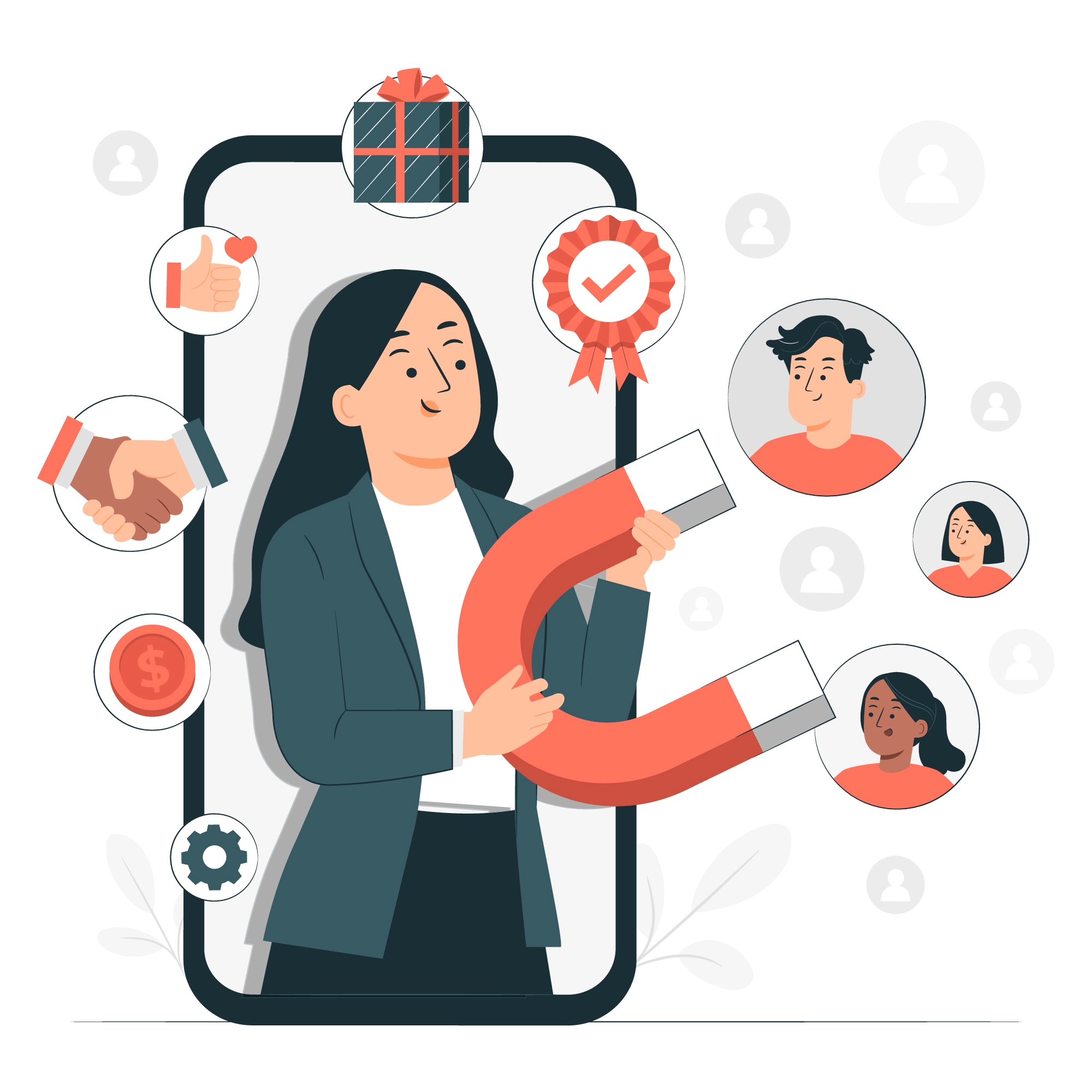 Ilustração de uma empresária atraindo clientes com um imã.
