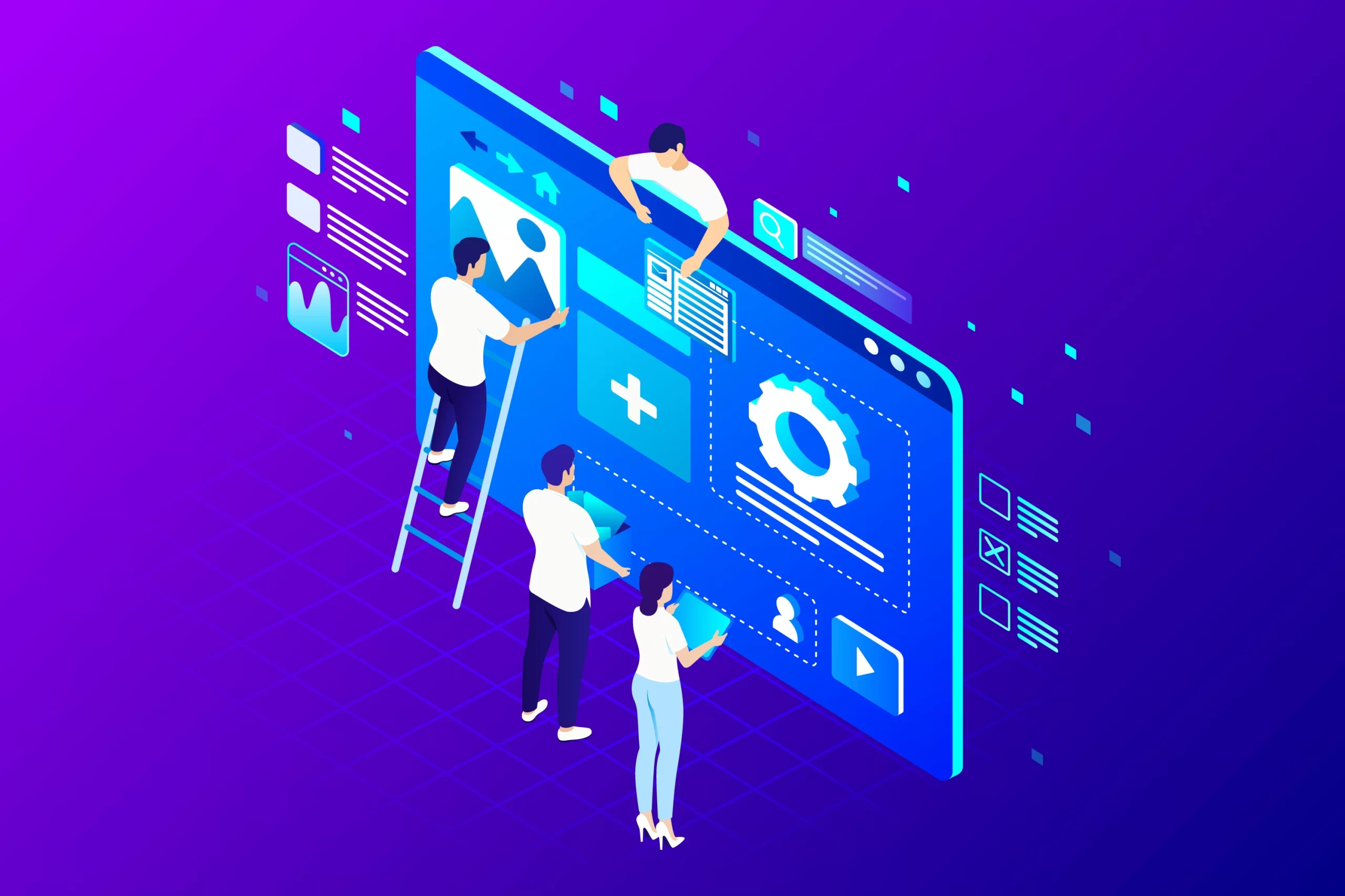 Ilustração do desenvolvimento de um Sistema Web de forma lúdica; pessoas segurando elementos que representam seus componentes e as "encaixando" no lugar.